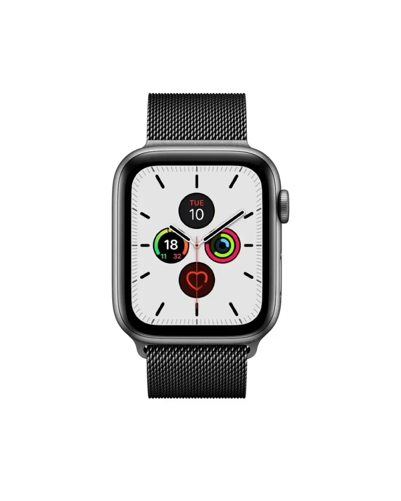Space grey Apple Watch with Milanese loop mesh band and activity rings display