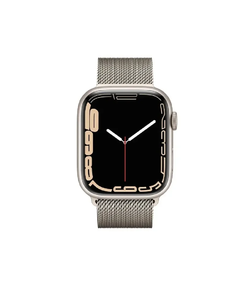 Silver stainless steel Apple Watch with Milanese mesh band, starlight dial