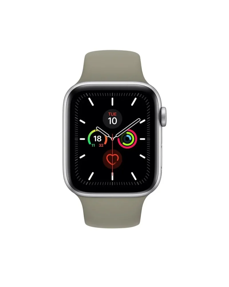 Silver smartwatch with stone sport band displaying fitness and health metrics