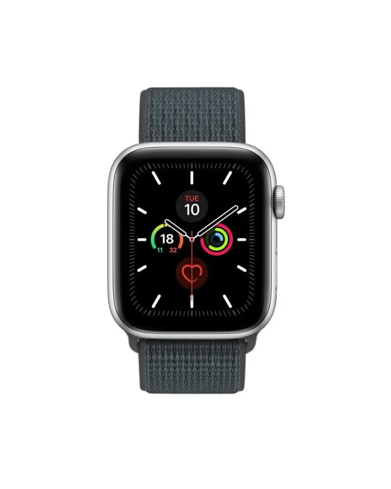 Silver Apple Watch with storm grey sport loop fabric band and fitness tracker display