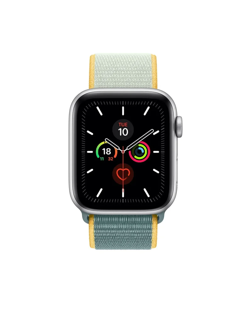 Apple Watch with yellow and gray fabric sport loop band