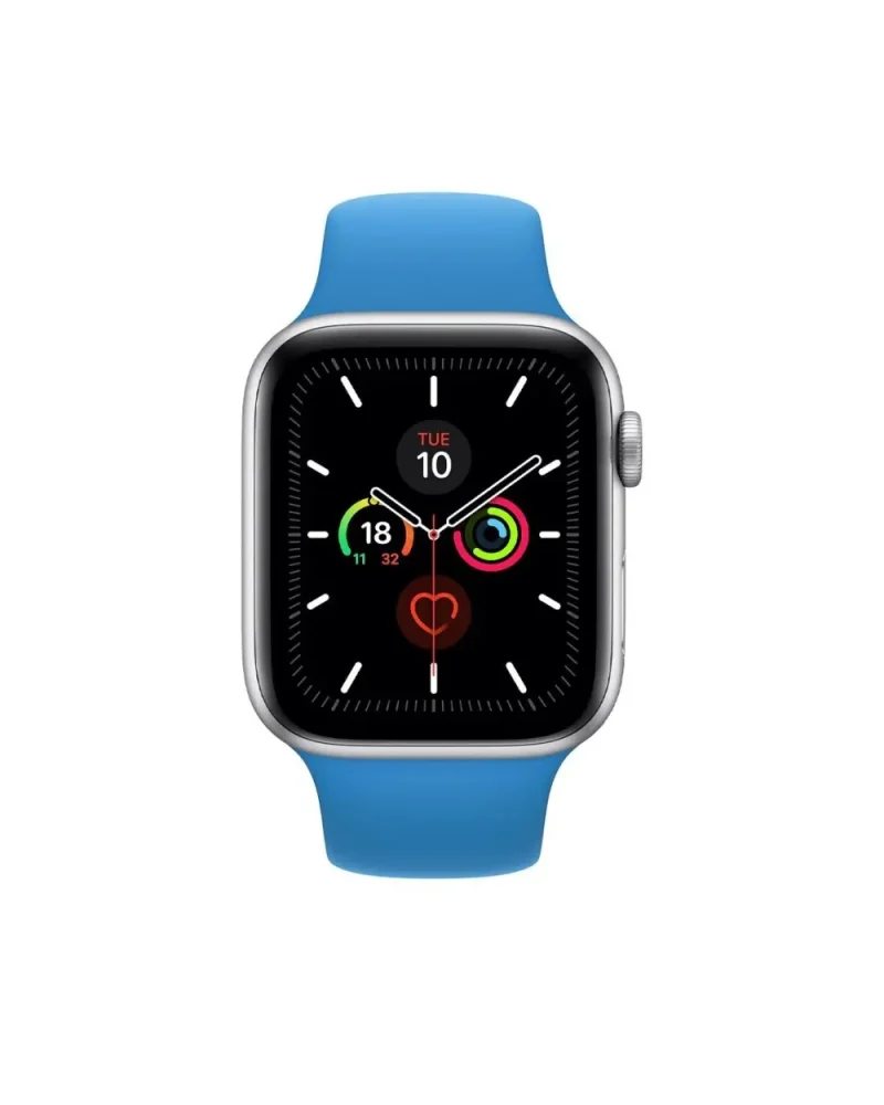 Silver smartwatch with bright blue sport band displaying fitness rings and date