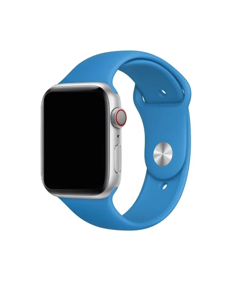 Silver Apple Watch with Surf Blue sport band and red digital crown