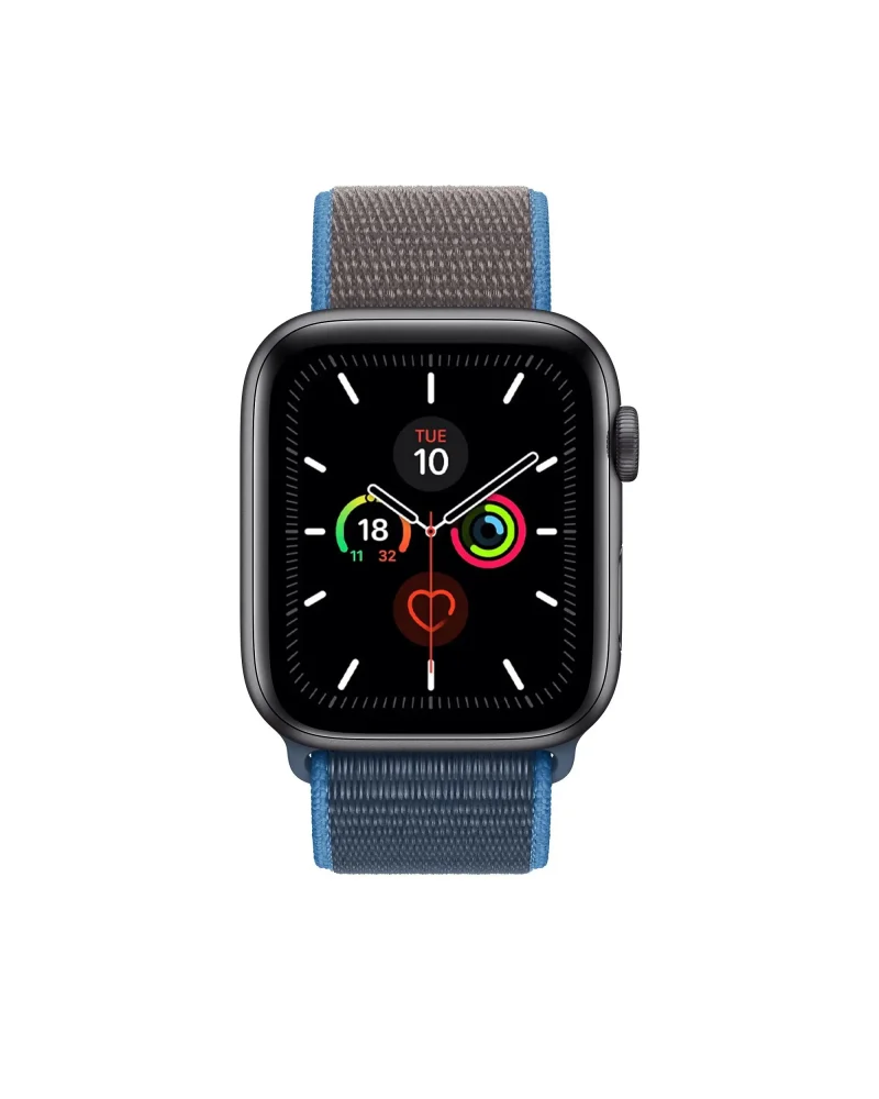 Black smartwatch with Surf Blue nylon sport loop band and fitness tracking display