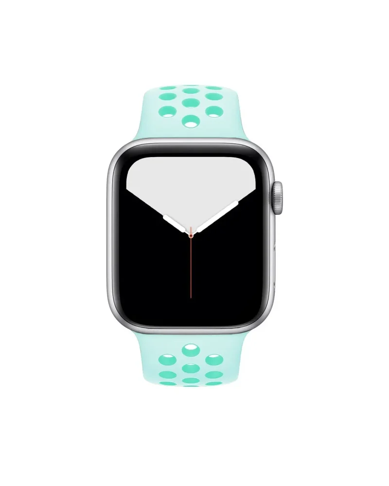 Apple Watch with teal sport band featuring perforated design and silver case