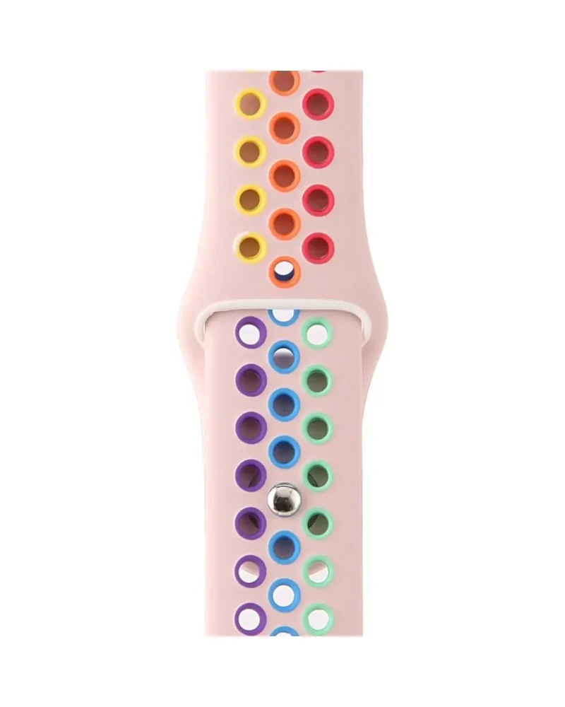 Pink sport band with colorful rainbow circle patterns, Apple Watch compatible strap