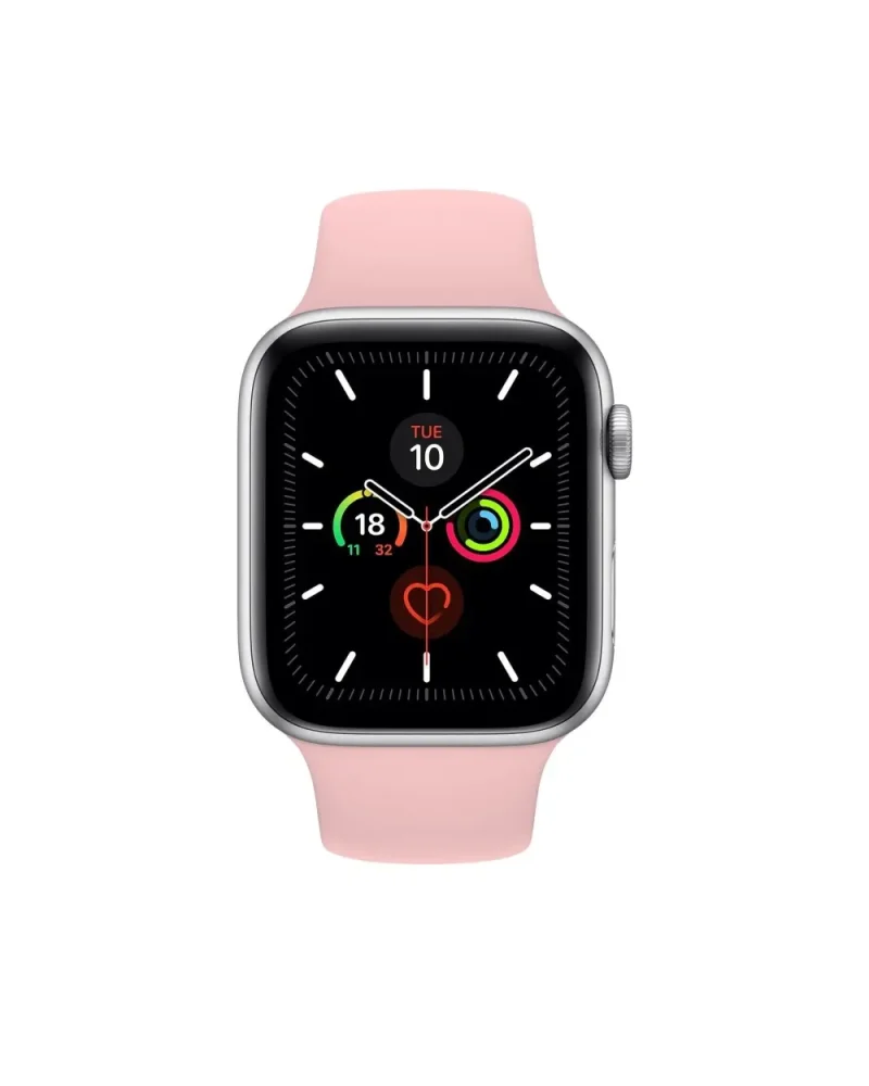 Pink sport smartwatch with activity rings and heart rate monitor display