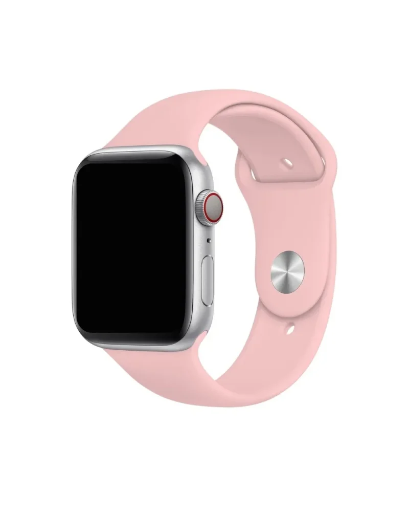 Silver smartwatch with vintage rose pink sport band and red crown