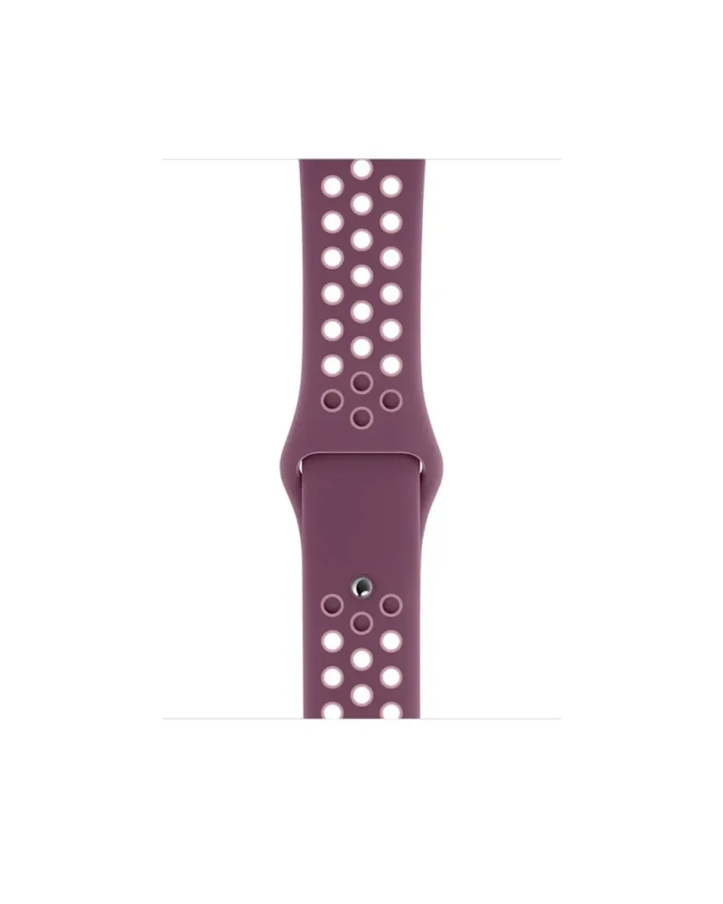 Purple perforated silicone sport watch band with ventilation holes and connector