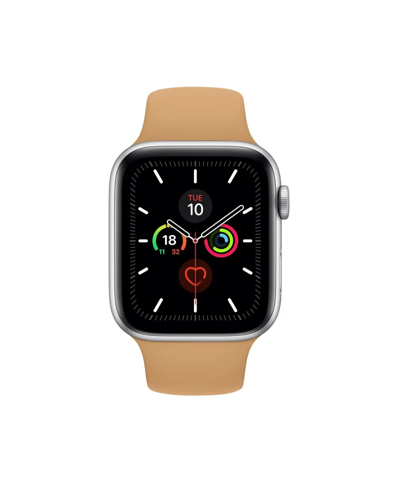 Apple Watch with tan sport band showing fitness tracking complications