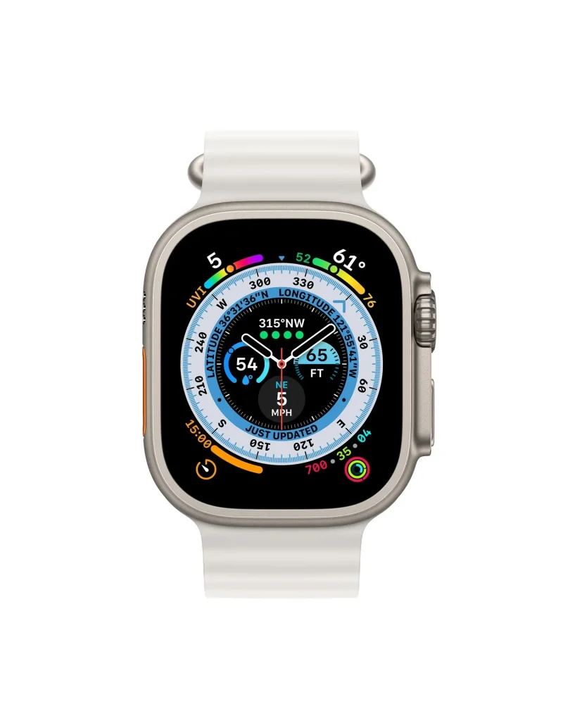 Titanium smartwatch with white ocean band displaying compass and weather data