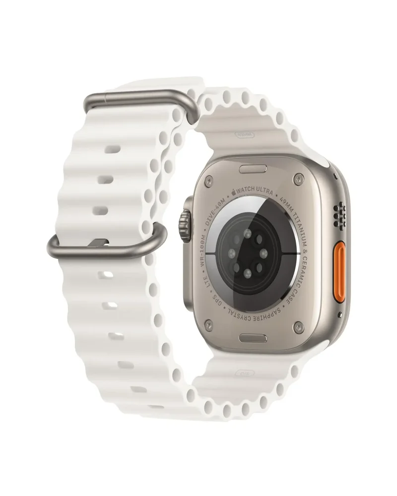 Apple Watch Ultra titanium smartwatch with white ocean band and orange action button