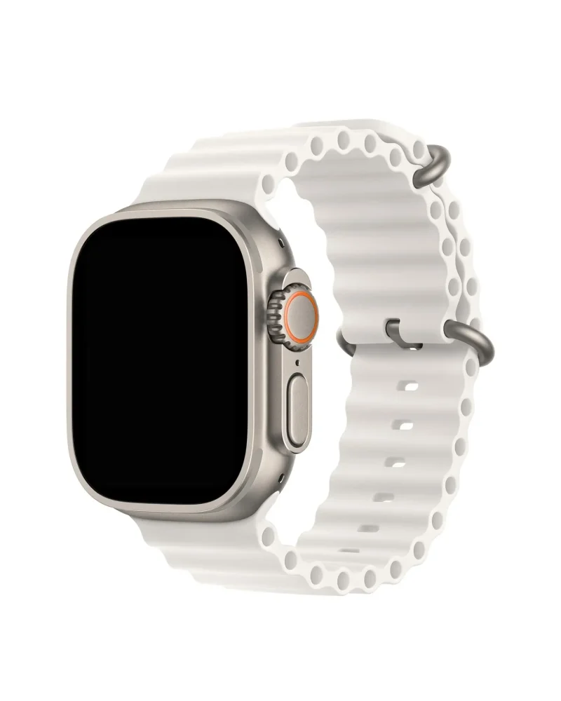 White silicone ocean band smartwatch with titanium case and orange accent button