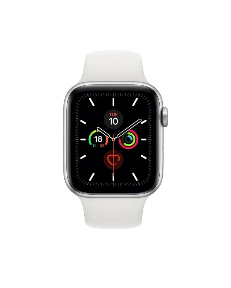 Silver smartwatch with white sport band displaying fitness rings and health metrics