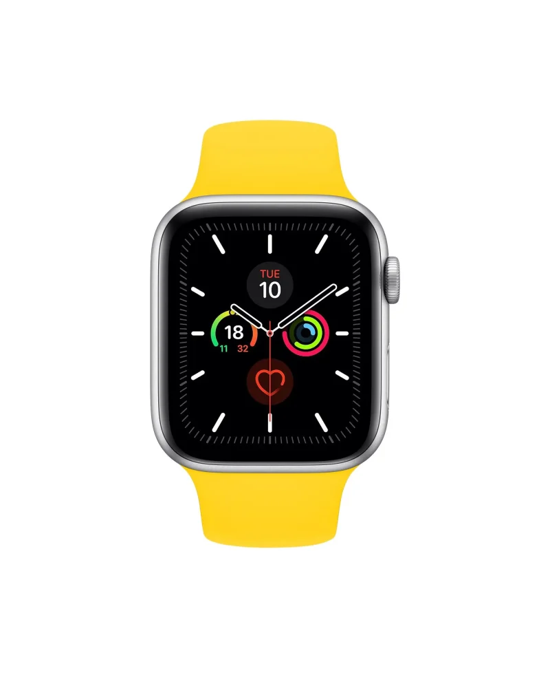Silver smartwatch with bright yellow sport band and black watch face