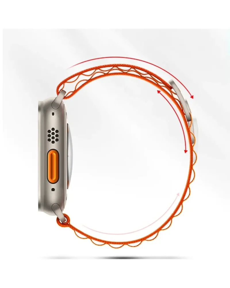 Silver smartwatch with orange Alpine Loop woven fabric band