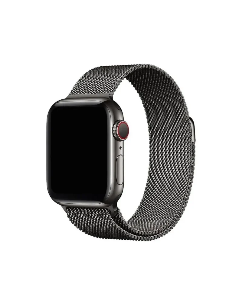 Black stainless steel smartwatch with graphite Milanese loop mesh band