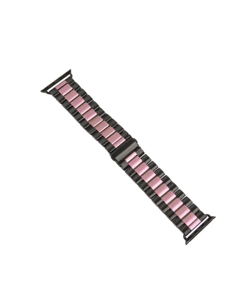 Black stainless steel smartwatch band with rose pink links