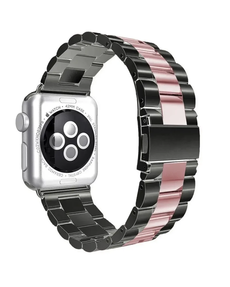 Stainless steel Apple Watch band, black and rose pink metal links