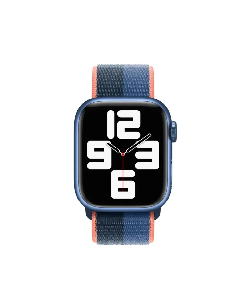 Blue smartwatch with navy and coral sport loop band showing digital time display