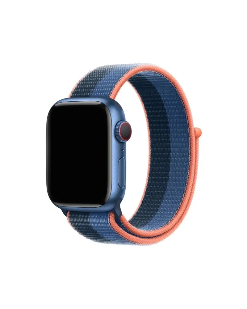 Blue smartwatch with navy and coral sport loop nylon band