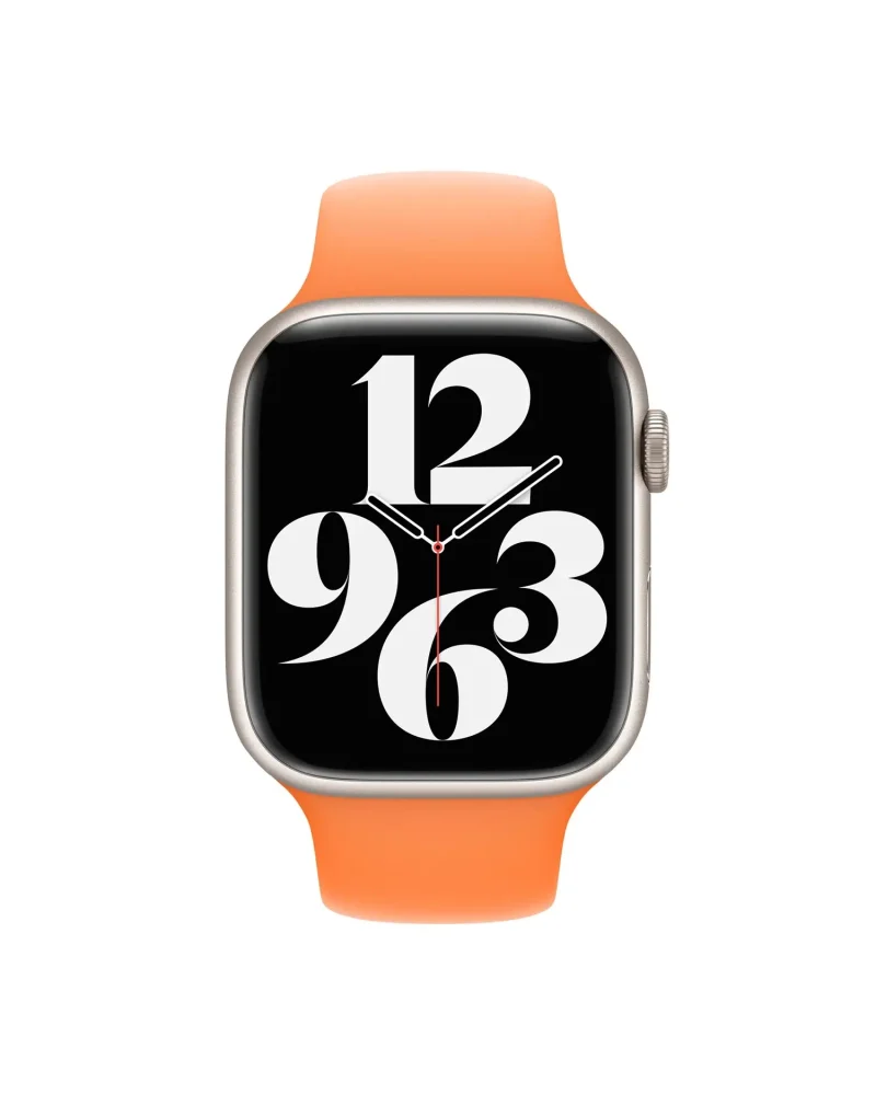 Apple Watch with bright orange sport band and silver aluminum case