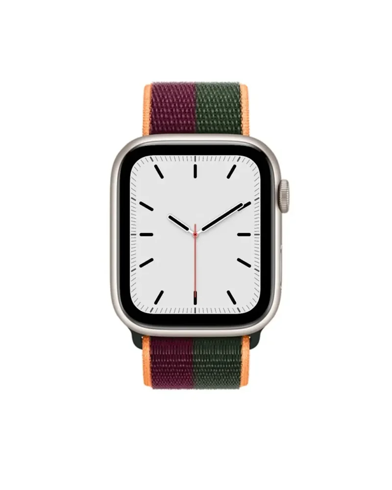 Apple Watch with colorful Sport Loop band in burgundy, green, and orange stripes