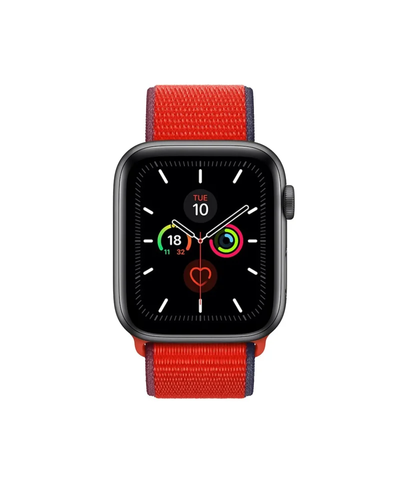 Apple Watch with red sport loop band and activity rings display