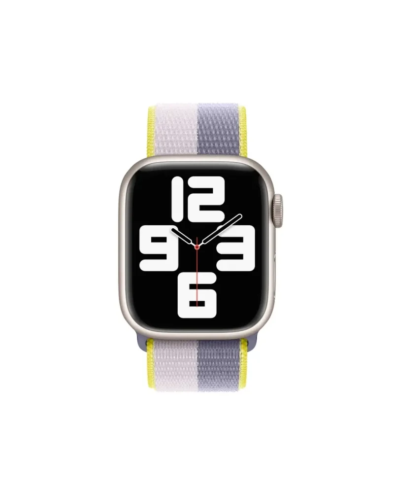 Smart watch with lavender grey striped sport loop band and digital display