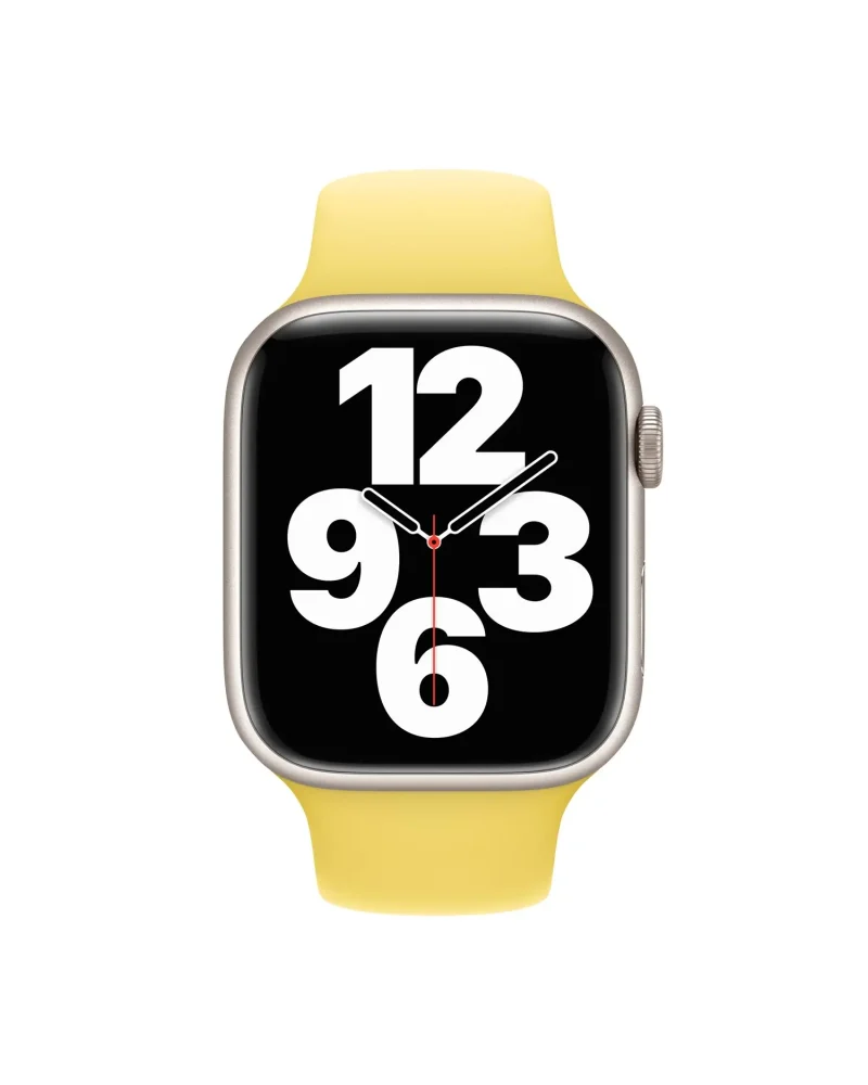 Smart watch with yellow silicone band and digital display showing time