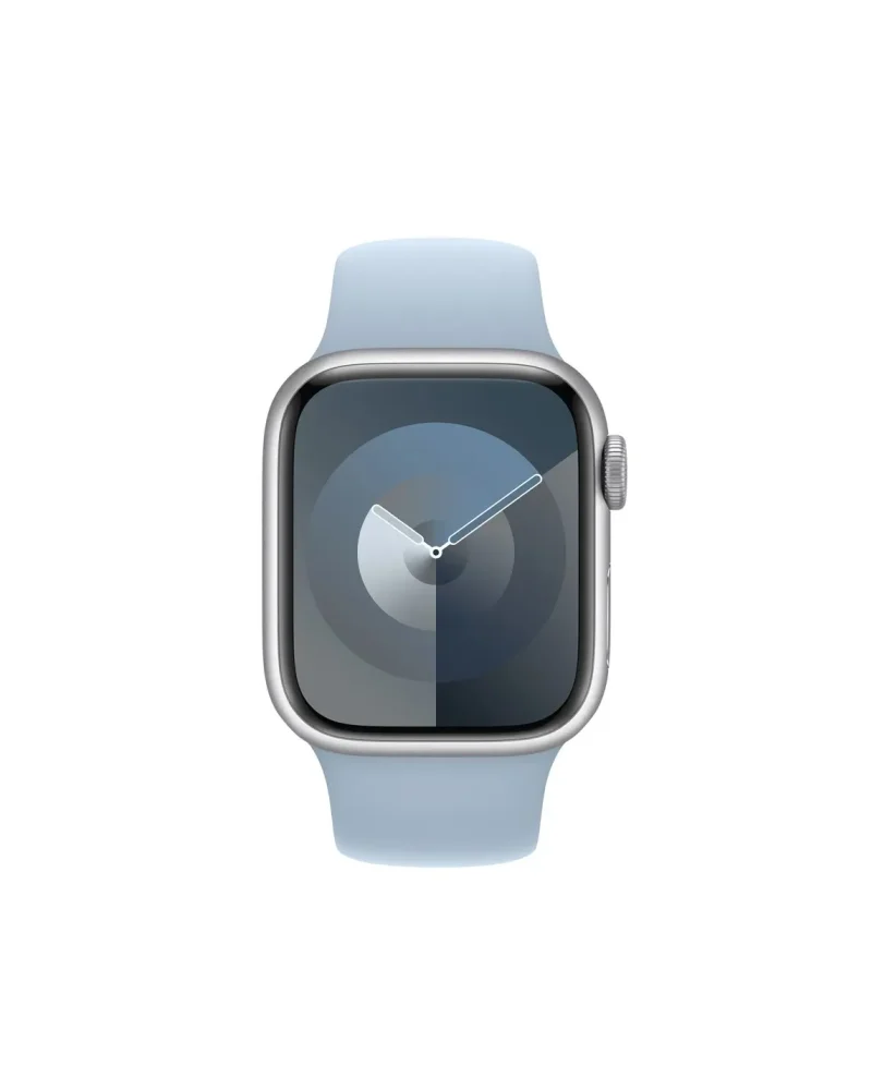 Apple Watch silver aluminum light blue sport band smartwatch display