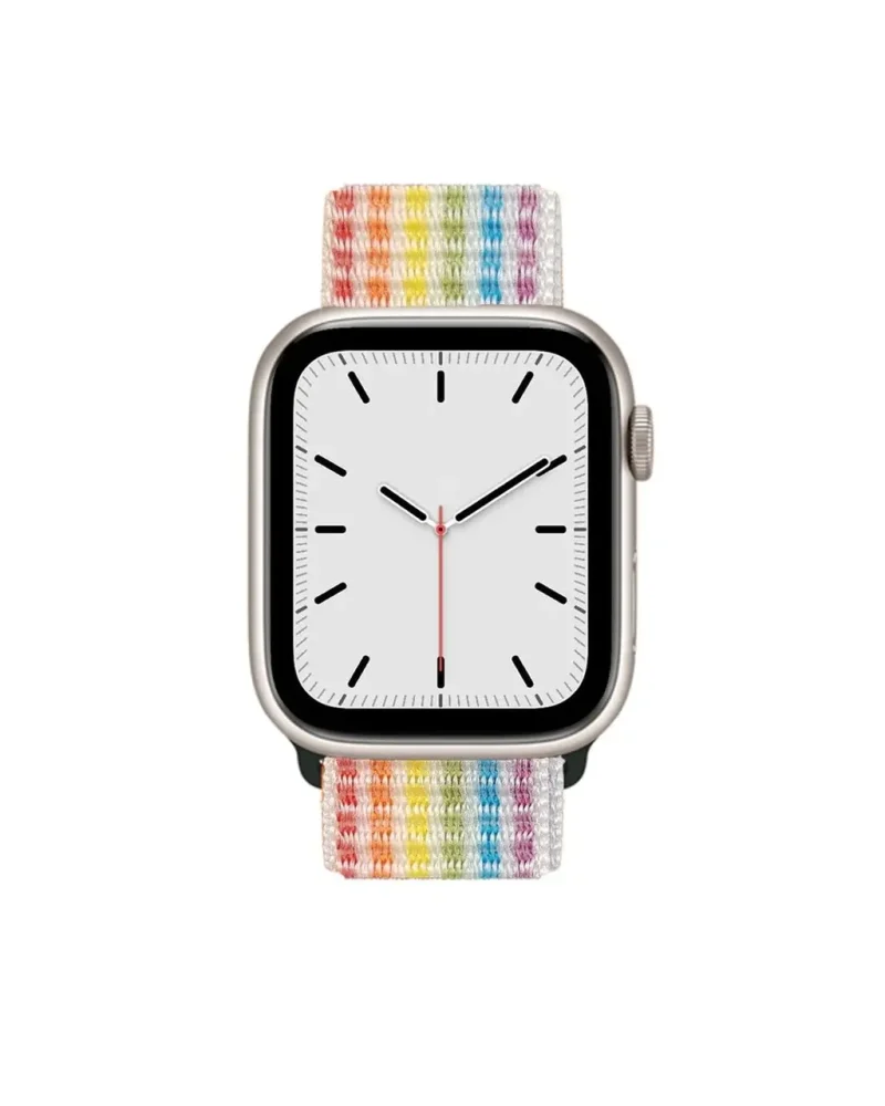Silver smartwatch with rainbow pride striped fabric sport loop band