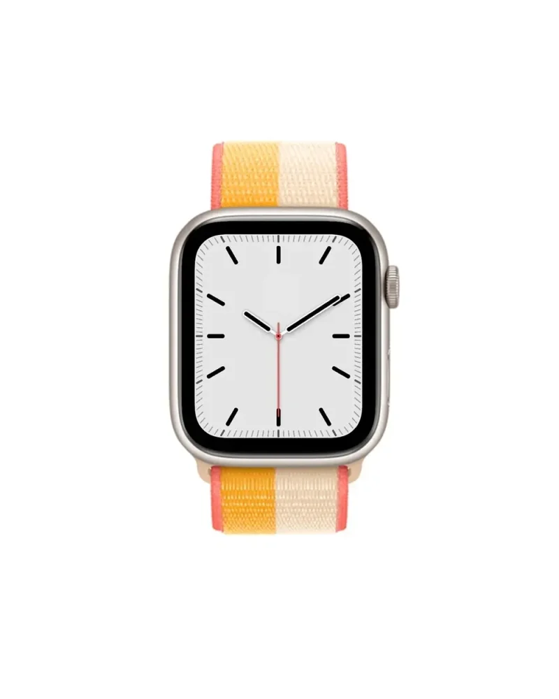 Silver smartwatch with white dial and colorful maize striped sport loop band