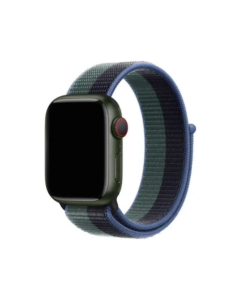 Green smartwatch with blue woven sport loop band and red digital crown