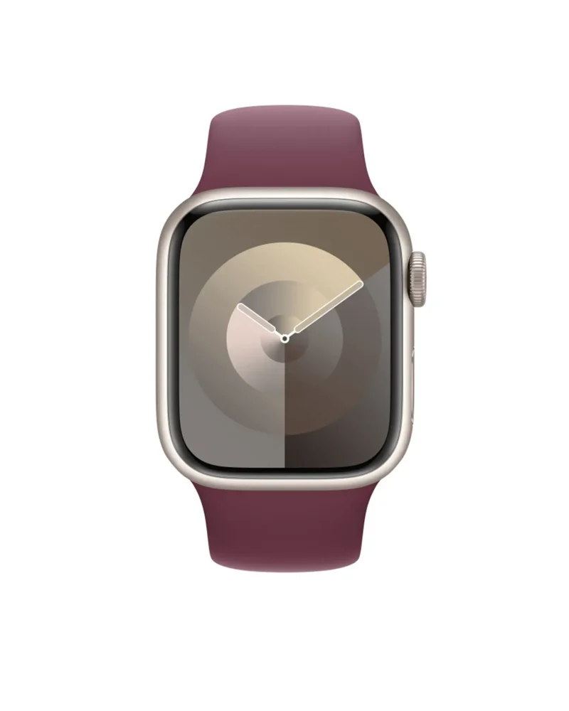 Silver smartwatch with mulberry sport band and analog watch face display