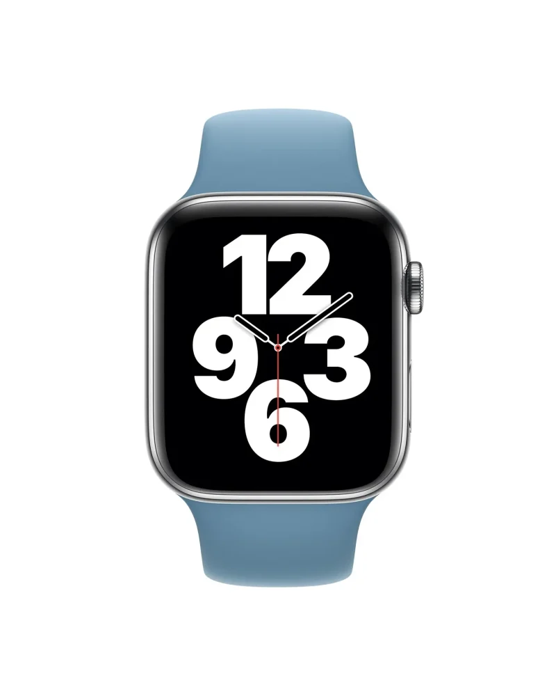 Apple Watch with blue sport band and digital watch face display