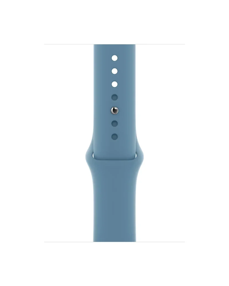 Blue silicone sport watch band with metal pin connector detail