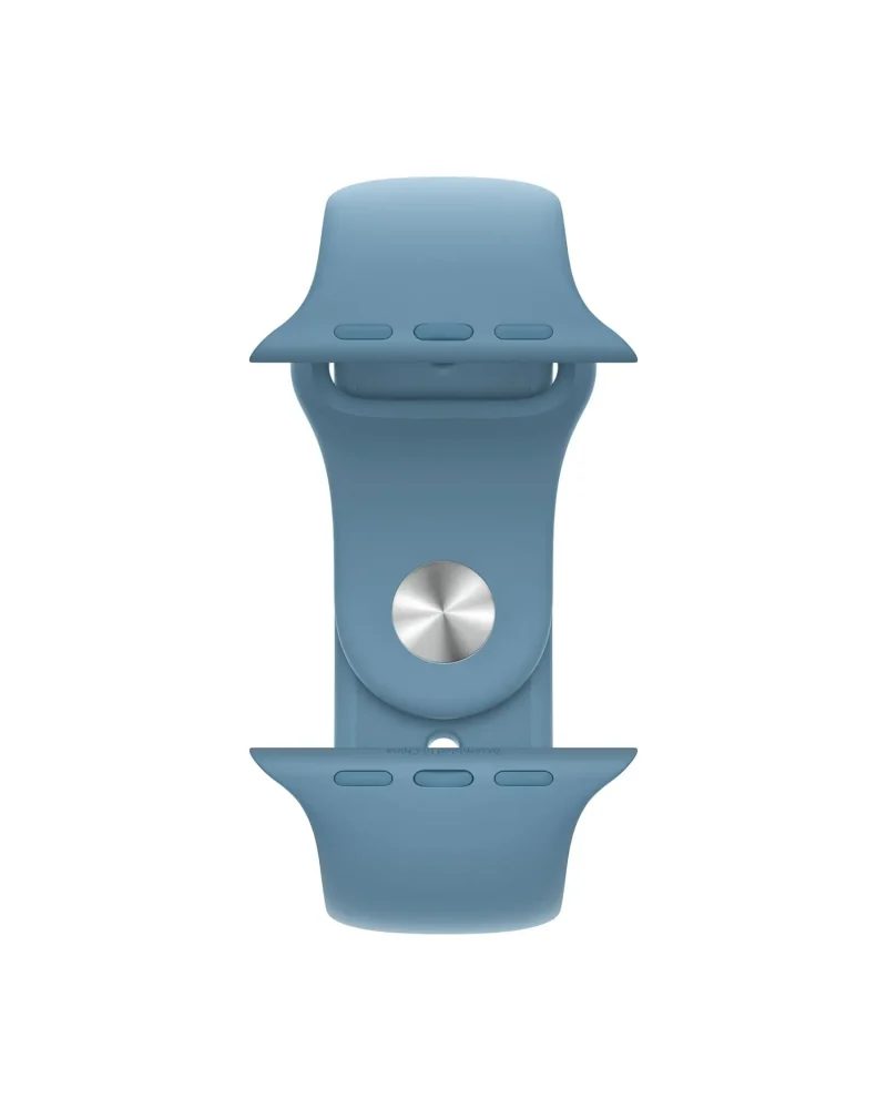 Blue silicone sport band with metal digital watch connector and button details