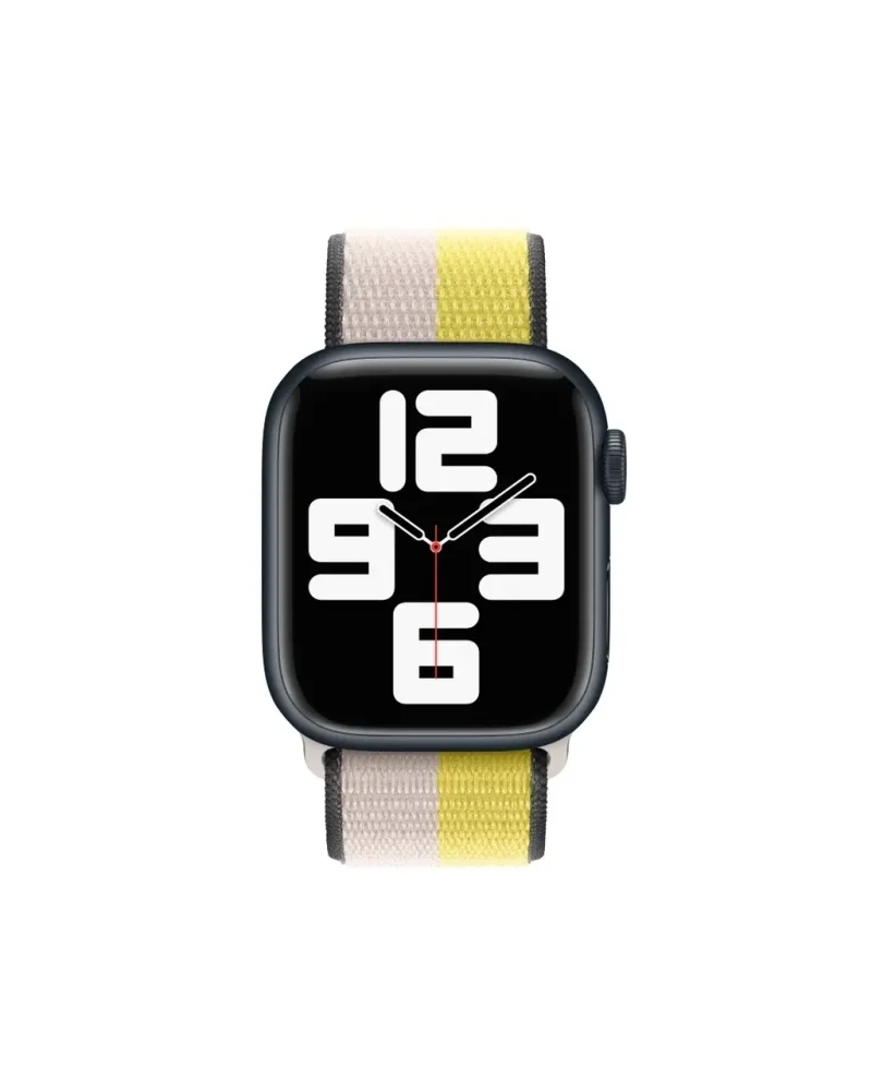Black smartwatch with oat milk and lemon zest striped sport loop band