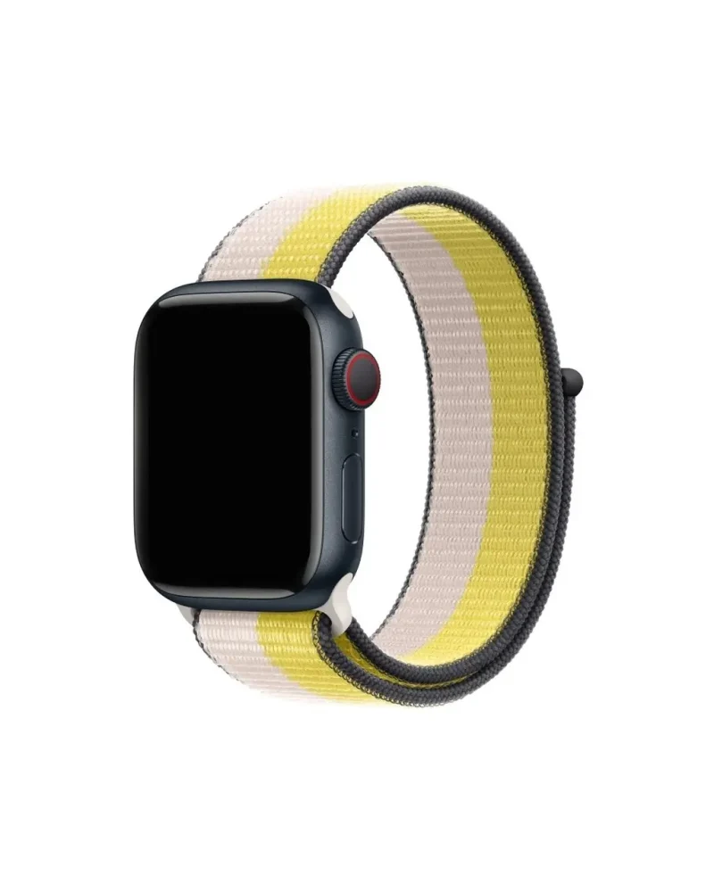 Apple Watch with yellow and cream striped nylon sport loop band