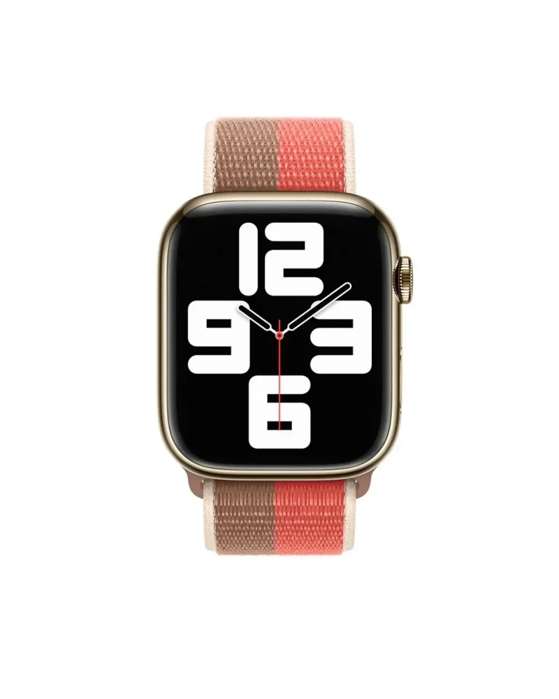 Gold smartwatch with pink pomelo tan striped sport loop band displaying time