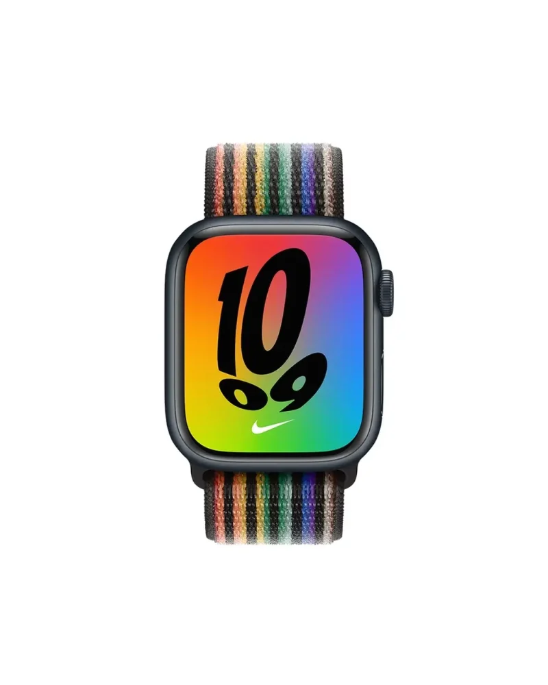 Apple Watch Nike Sport Loop Pride Edition with rainbow striped fabric band
