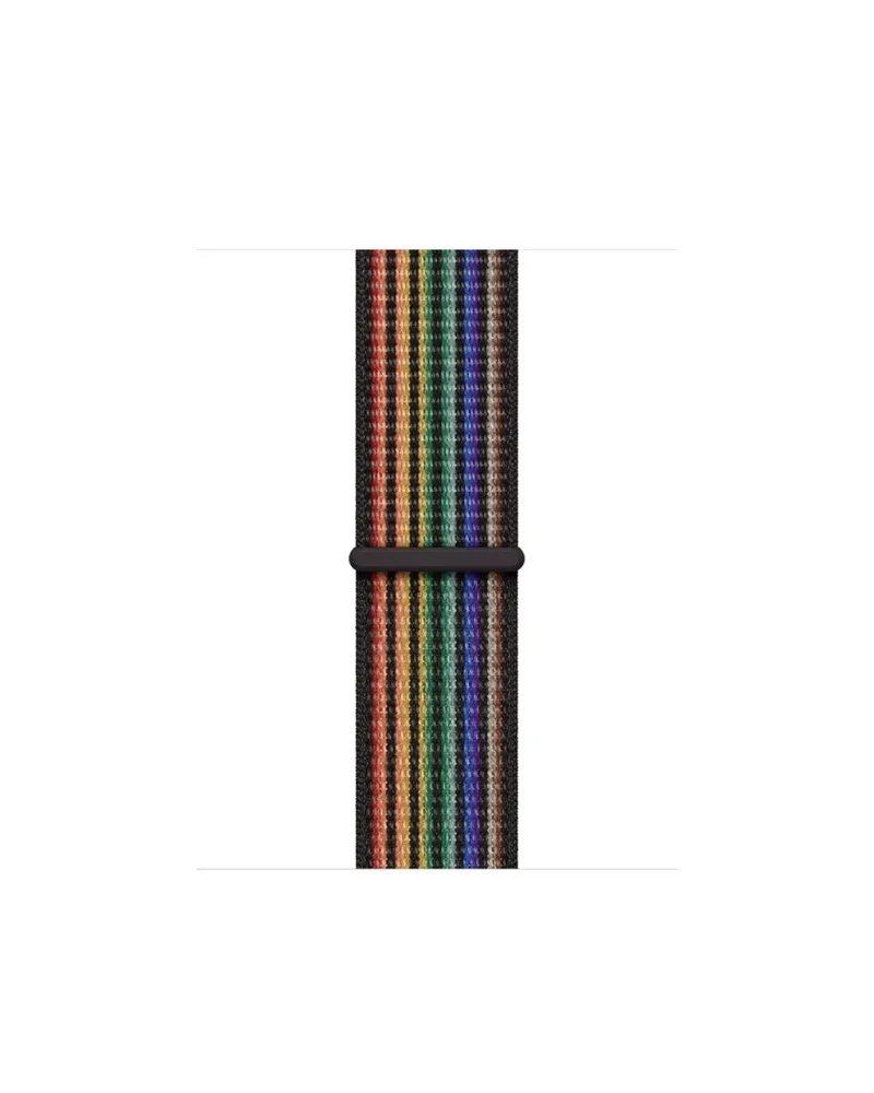 Colorful Pride Edition Sport Loop watch band with rainbow stripes and black connector