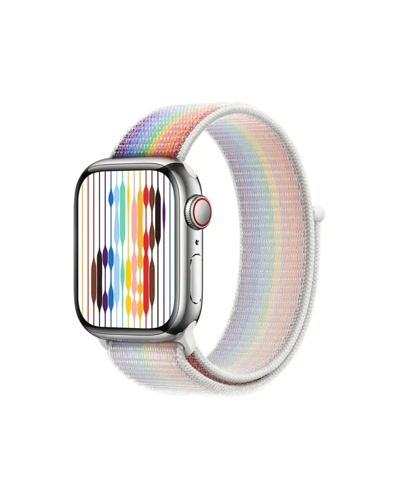 Apple Watch with rainbow Pride Sport Loop band and colorful striped display face