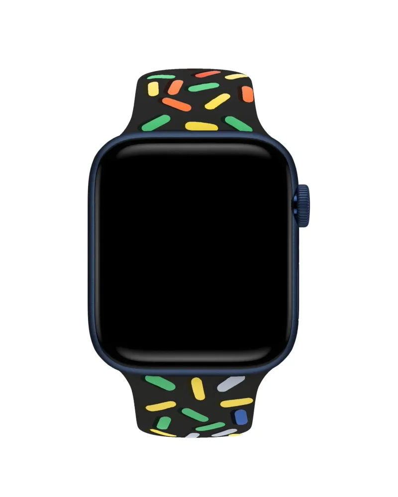 Apple Watch sport band with colorful pride pattern on black silicone strap