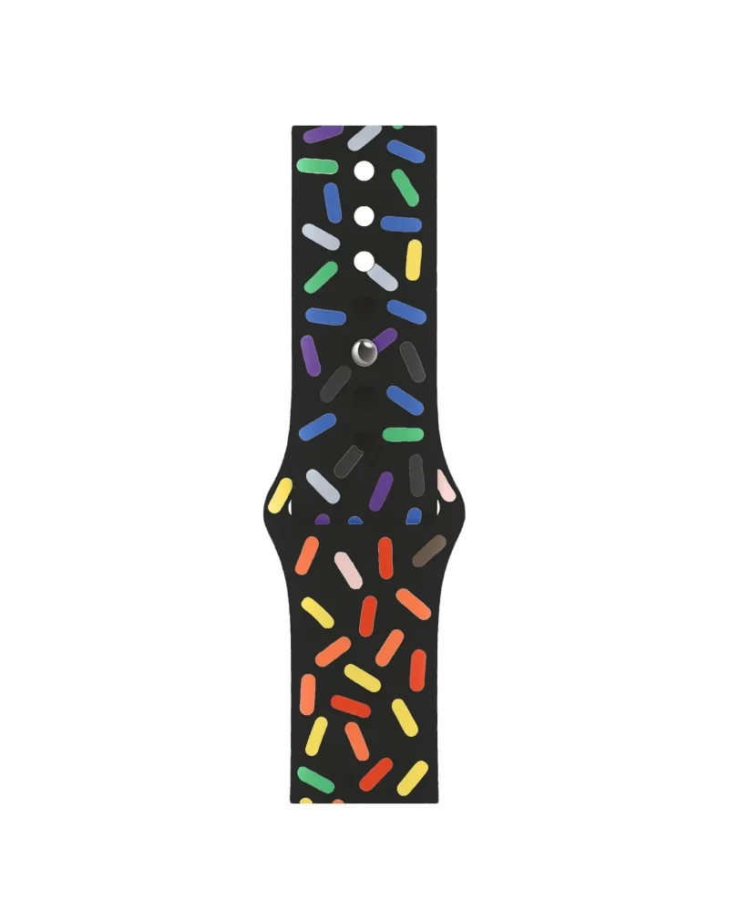Black sport band with colorful pill-shaped pattern design for Apple Watch