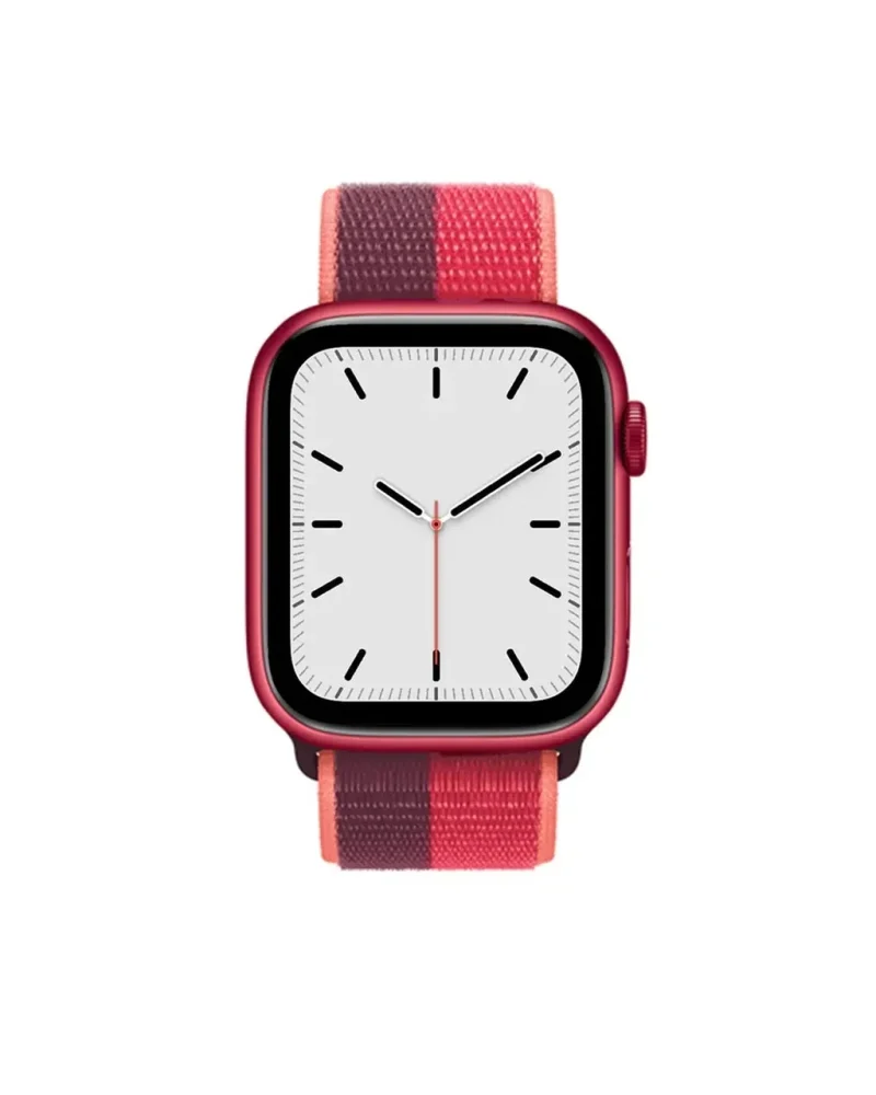 Red smartwatch with dark cherry sport loop striped fabric band