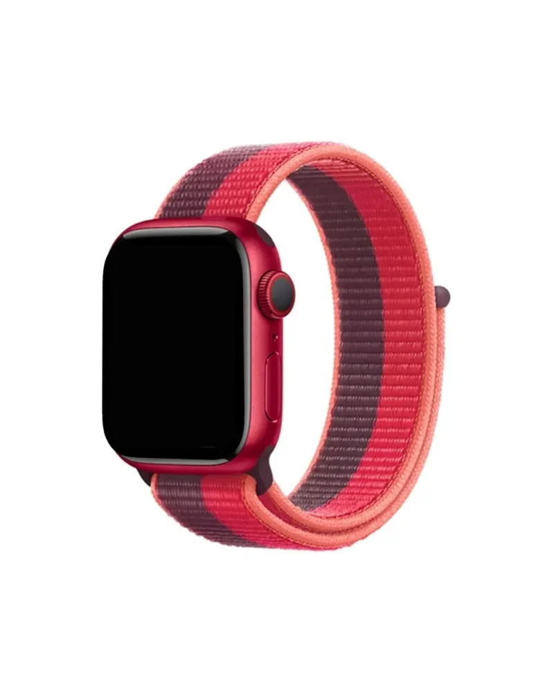 Red smartwatch with dark cherry sport loop fabric band