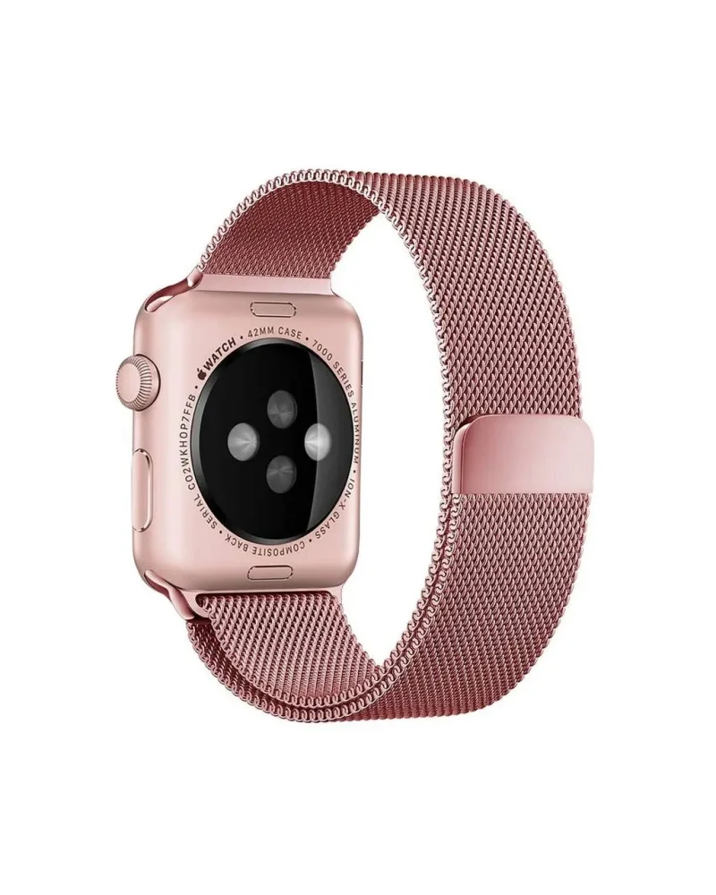 Rose pink stainless steel Milanese Loop smartwatch band with magnetic closure