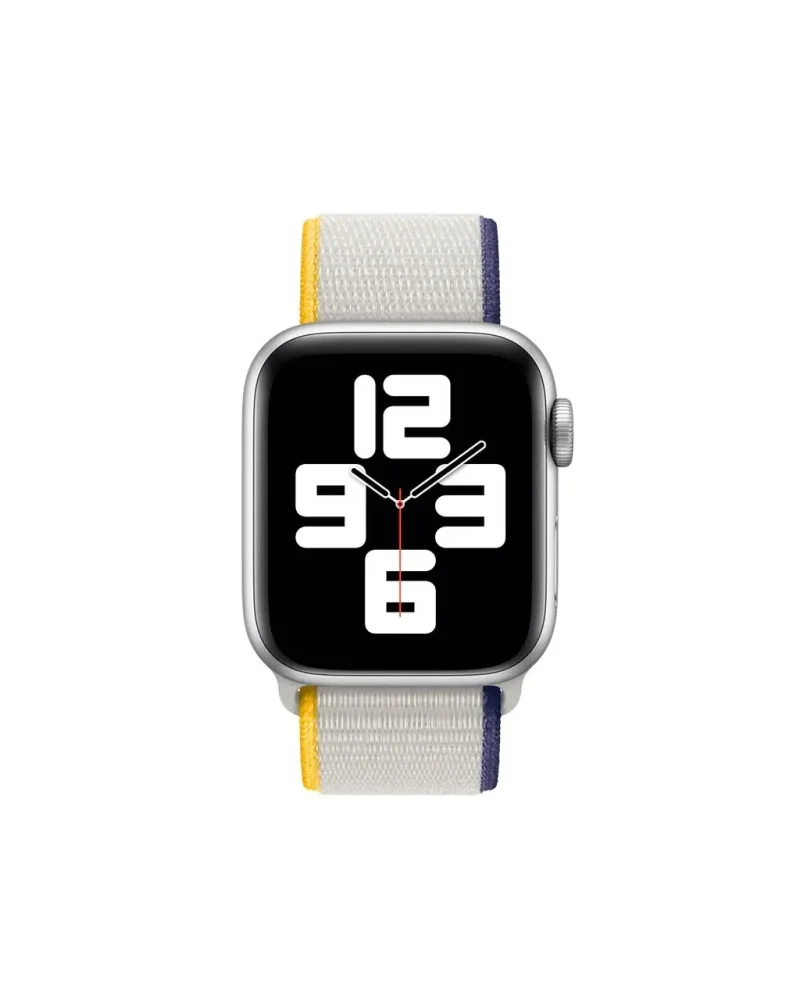 Silver smartwatch with navy and yellow striped sport loop band